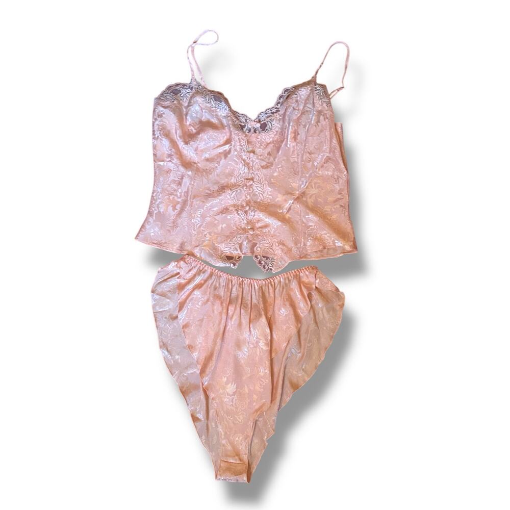 VTG Victoria's Secret Gold Label Peach Satin Lace High-Cut Sleep Set